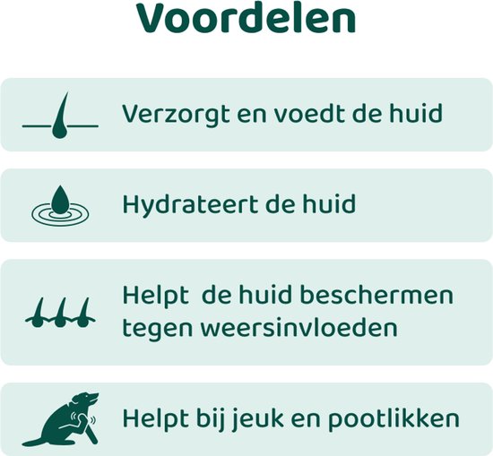 Voordelen van DogSuppy Anti-Jeuk Spray: verzorgt huid, hydrateert, beschermt tegen weersinvloeden, helpt bij jeuk en pootlikken.