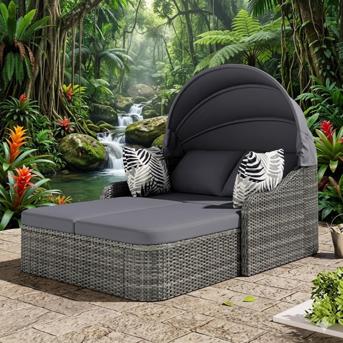 Luxe Dubbele Zonne-eiland Loungeset 203x120x126cm – Grijs PE-Rotan Terrasbank met Verstelbare Luifel, Comfortabele Kussens & Afneembare Kussenslopen voor Tuin, Zwembad en Buiten