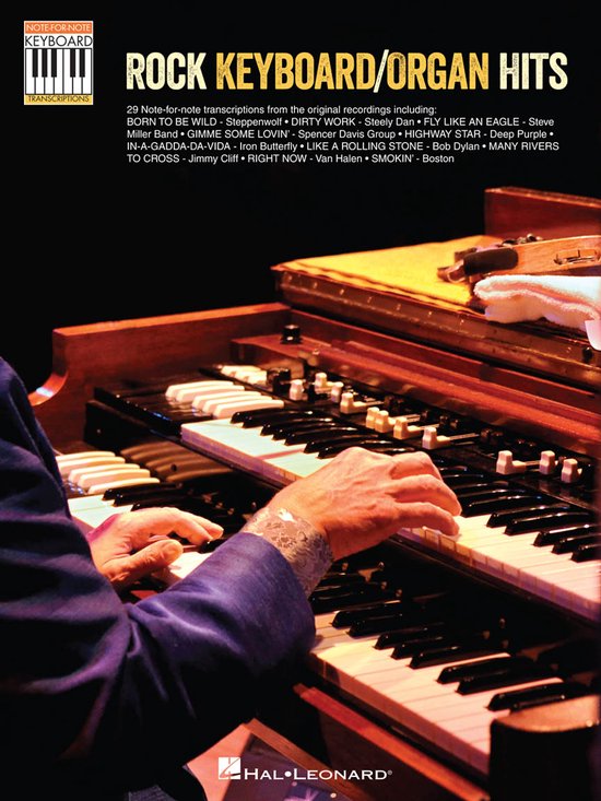Boek 'Rock Keyboard/Organ Hits' met transcripties van bekende nummers, afgebeeld op een keyboard.