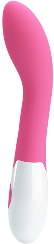 Vibrateur violet avec un manche blanc et un bouton rose.