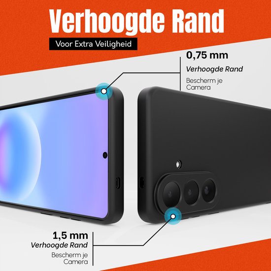 Zwarte Samsung A57 hoes met 0,75 mm verhoogde rand voor scherm en 1,5 mm verhoogde rand voor camera. Voor extra veiligheid.