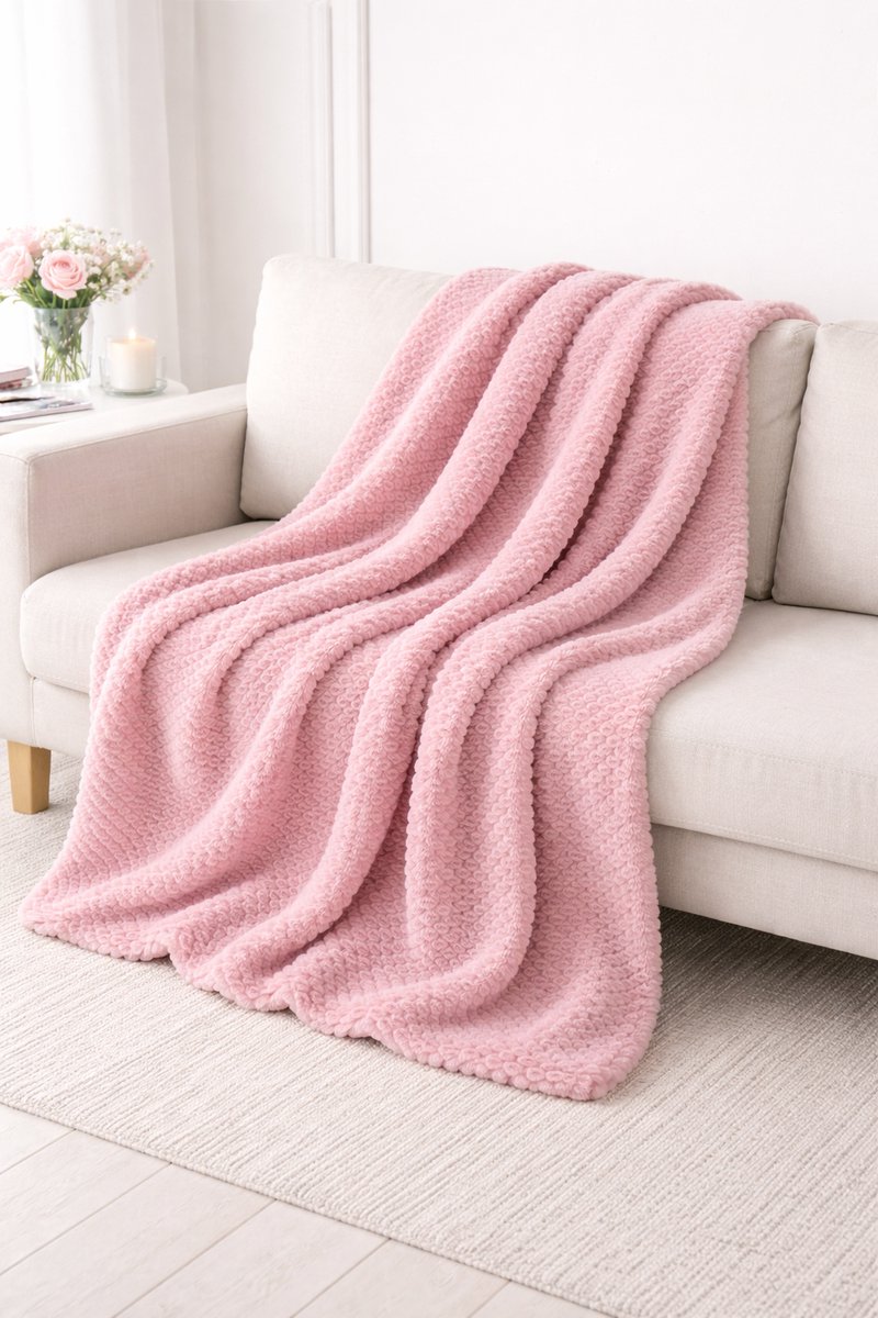 Honeycomb fleece deken 150x200 cm – Luxe, extra zacht & warm – Voor bank en bed – Roze