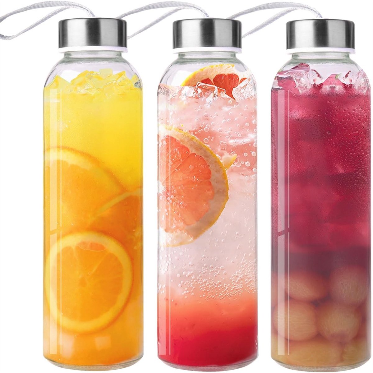 QTTVBTNA -Glas Waterfles - Herbruikbare Drinkfles - Drinkfles - Anti-slip Bodem - Geïntegreerd Handvat - Loodvrij Glas - Slanke Vorm Voor Koelkast En Tassen - 3 Stuks