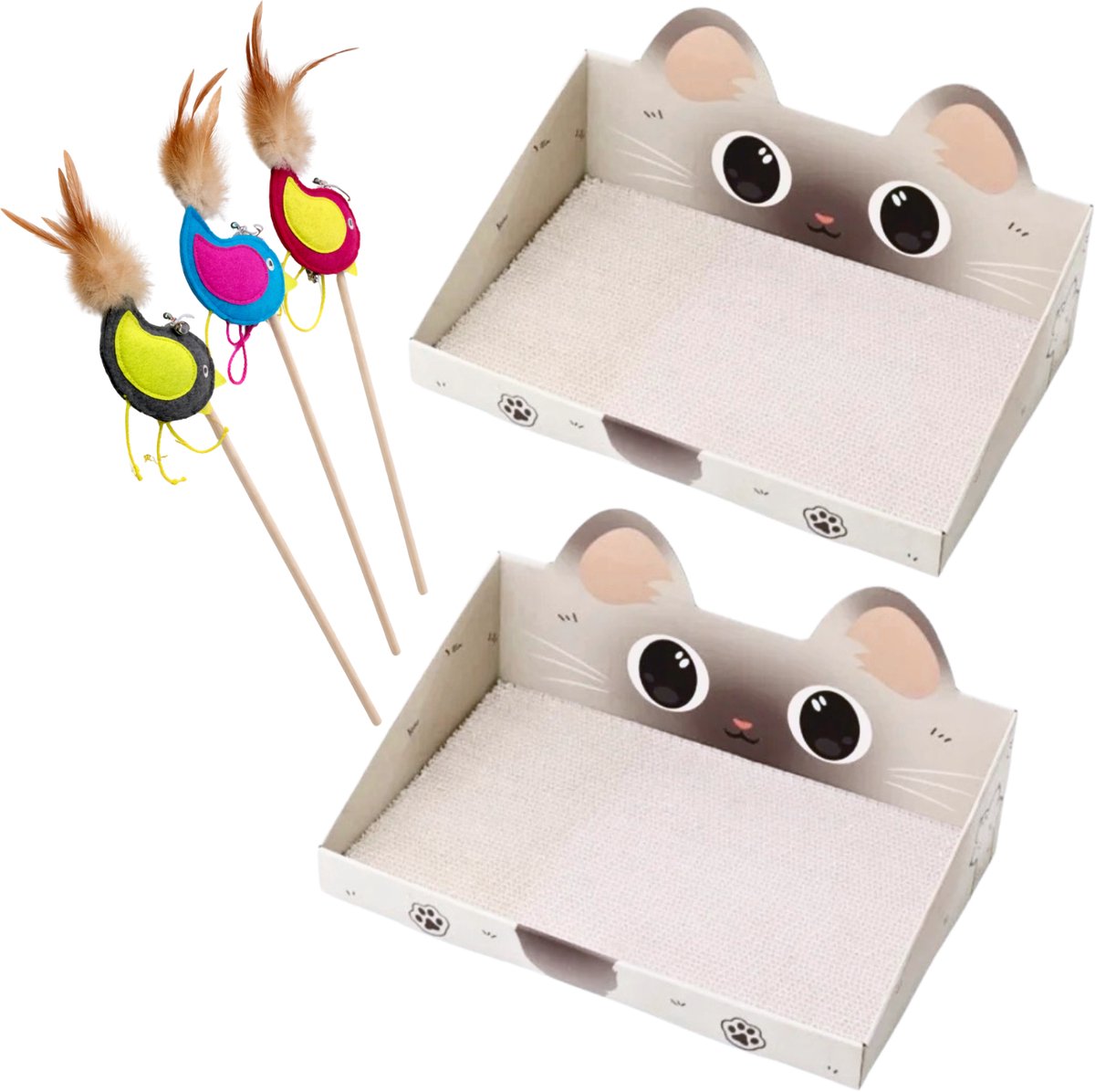 EcoPawPaw-Katten Speelset – 2x Krabplank Kat + 3x Speelhengel – Karton Krabmat met Grote Ogen – Interactief Kattenspeelgoed