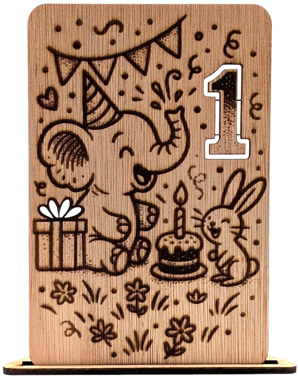 Vilewoods Houten Verjaardagskaart 1 Jaar – Olifant & Konijn Design – Inclusief Envelop – Handgemaakt