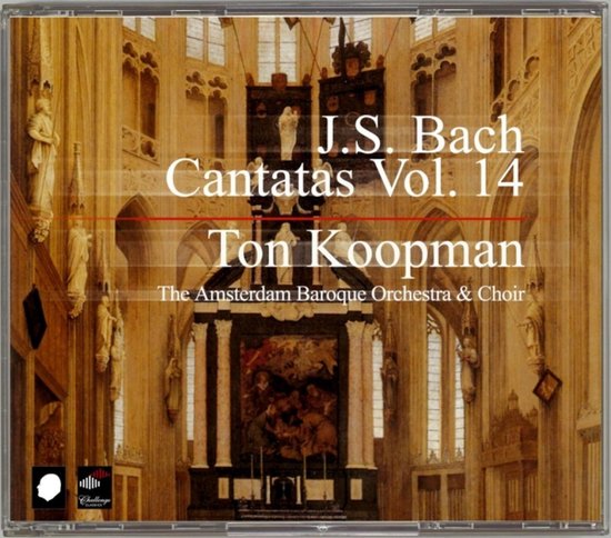 CD-hoes: J.S. Bach Cantatas Vol. 14, Ton Koopman, The Amsterdam Baroque Orchestra & Choir. Achtergrond toont een kerkinterieur.