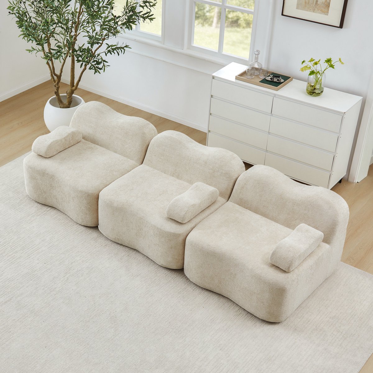 Modulaire hoekbank met 3 zitplaatsen – met 32D-schuim met hoge dichtheid – golvend ontwerp – diepe zitting – afneembare armleuningkussens – geschikt voor de woonkamer – beige