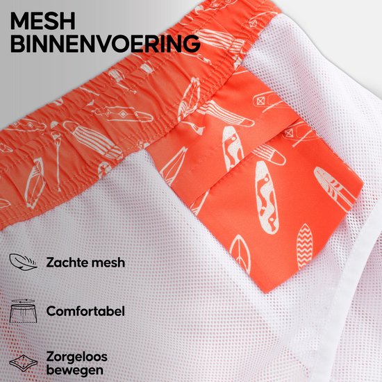 Binnenkant oranje zwembroek met surfplankprint. Toont zachte mesh voering, comfortabele pasvorm en bewegingsvrijheid.