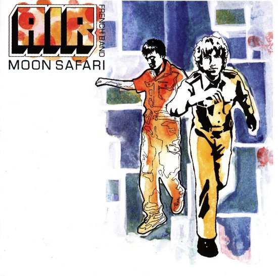 AIR French Band Moon Safari album cover met twee mannen in oranje en gele outfits.