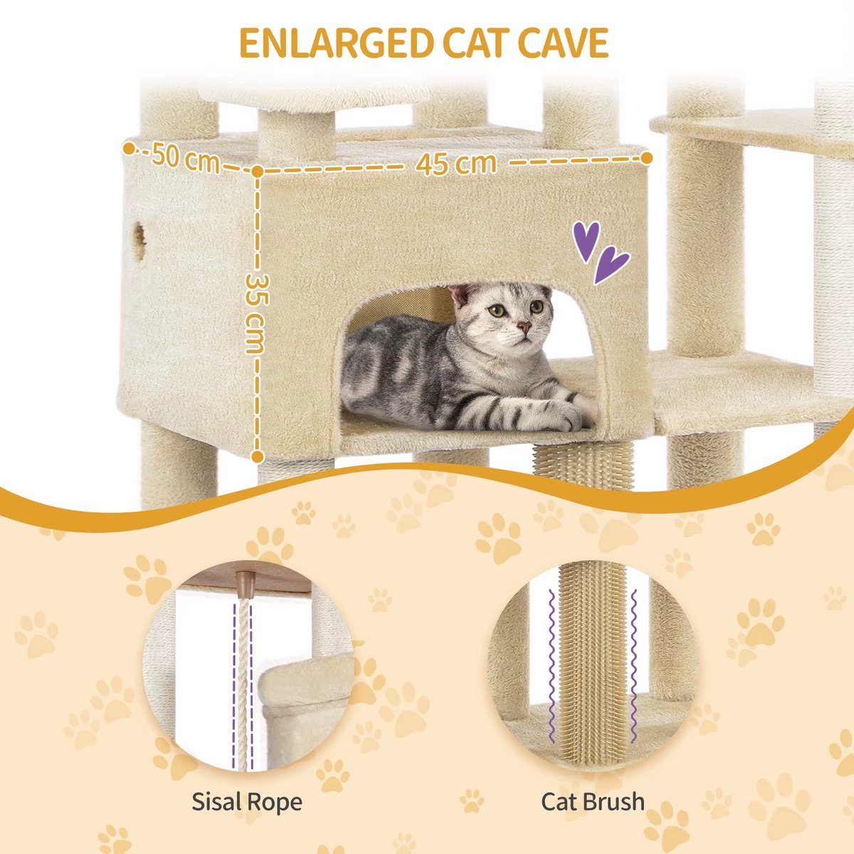 Multi Level Cat Tower - 200 cm - Krabpaal Katten Groot – Met 10 Krabpalen en 2 Hangmatten – Kattentoren met 2 Holletjes, Mand en Platform – Inclusief Kattenborstel – Geschikt voor Grote Katten en Kittens – foto 3