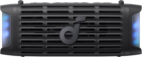 Zwarte Soundcore speaker met gestreept grill-design en blauwgroene LED-verlichting aan de zijkanten.