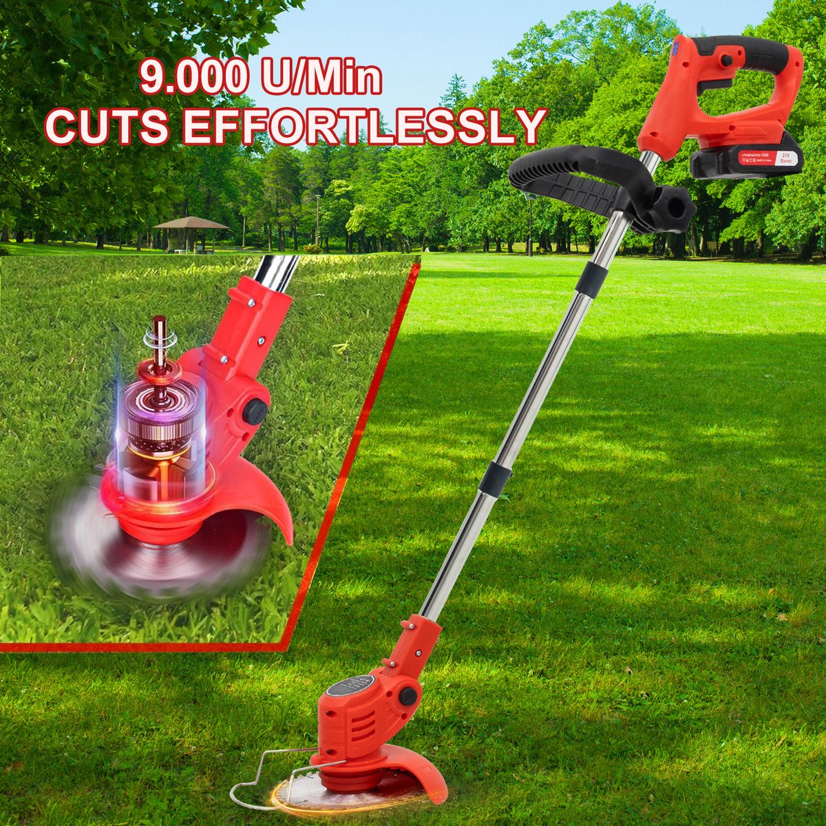 Accu grastrimmer met accu,OUTIGO opvouwbare grasmaaier, Draadloze grasmaaier, gazonkantentrimmer met 2 accu's 21V en 4 mestypen + 1 tuinschaar – foto 8