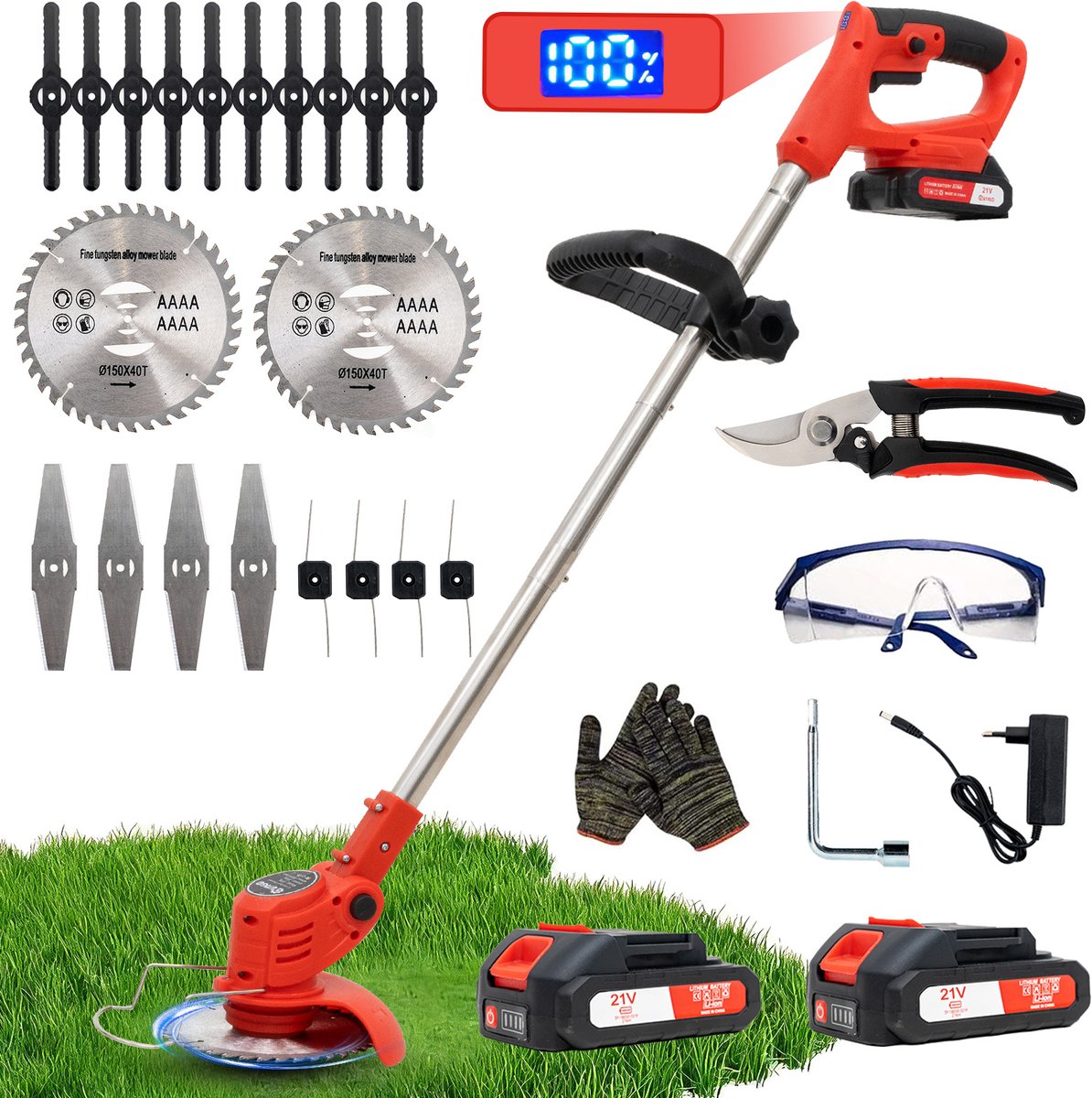 Accu grastrimmer met accu, Opvouwbare grasmaaier,gazonkantentrimmer met 2 accu's 21V en 4 mestypen + 1 tuinschaar
