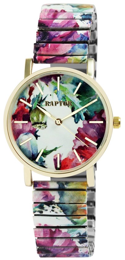Goudkleurig horloge met witte wijzerplaat met aquarel bloemenprint. Rekbare roestvrijstalen band met dezelfde bloemenprint.