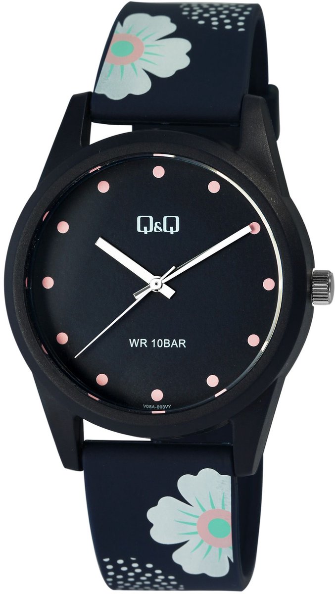 QQ V08A-003VY - Horloge - Sport - Analoog - Dames - Vrouwen - Kinderen - Plastic band - Rond - Kunststof - Stippen - Bloemen - Donkerblauw - Multikleur - 10 ATM