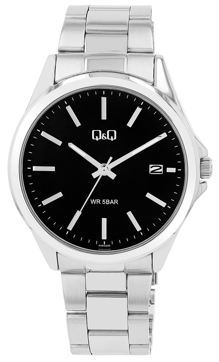 QQ-model a484j202y-Herenhorloge-datum-zilverkleurig-zwart-stalen band-5 bar waterdicht-diameter 42 mm