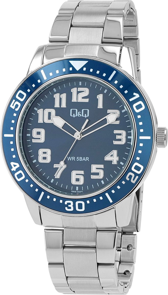 QQ-model Q60b-002py-Herenhorloge-diameter 45 mm-5 atm waterdicht-stoer model-staal-blauw-zilver