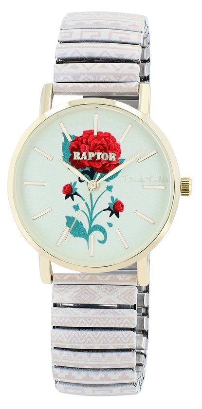 Gouden horloge met lichte wijzerplaat met een rode bloem en Frida Kahlo handtekening. Elastische band met geometrisch patroon.