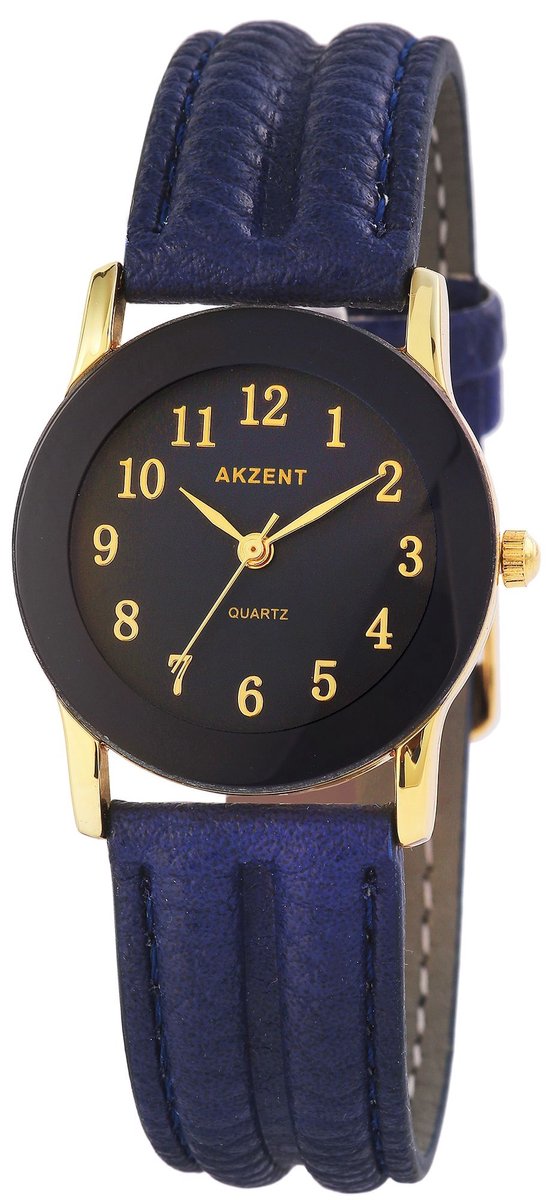 Akzent-model 1900273-003-Dameshorloge-donkerblauwe band-goudkleurig-duidelijke wijzerplaat-3 atm waterdicht-diameter 29 mm