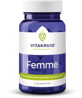 Blauwe pot met 60 tabletten Vitakruid Femme, ondersteunt een normale menstruatie.