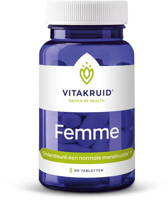 Blauwe pot met 60 tabletten Vitakruid Femme, ondersteunt een normale menstruatie.