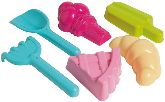Een blauwe hark, een blauwe schep, een roze ijshoorntje, een roze taartpunt, een gele croissant en een groene waterijsje.