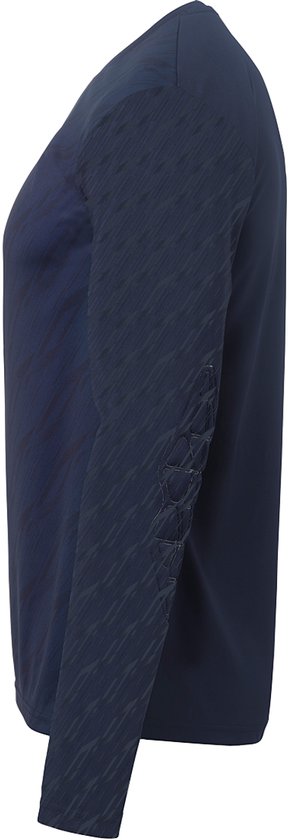 Donkerblauw Uhlsport keepersshirt, zijaanzicht, met patronen op de mouwen en ellebogen.