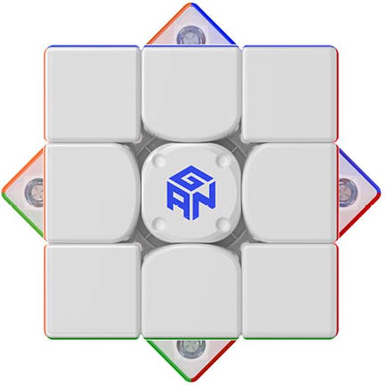 Witte GAN smart cube met blauwe, rode en groene accenten op de hoeken en een GAN-logo in het midden.