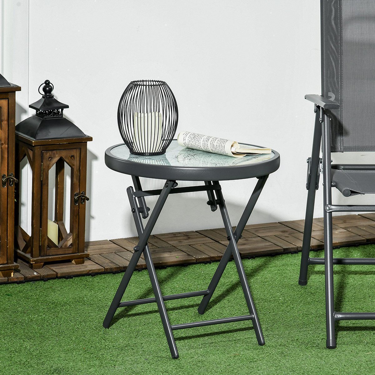 Pugsdrly Opvouwbare bijzettafel, opvouwbare buitentafel, met tafelblad van gehard glas, voor terras, 45 x 45 x 50 cm, wit
