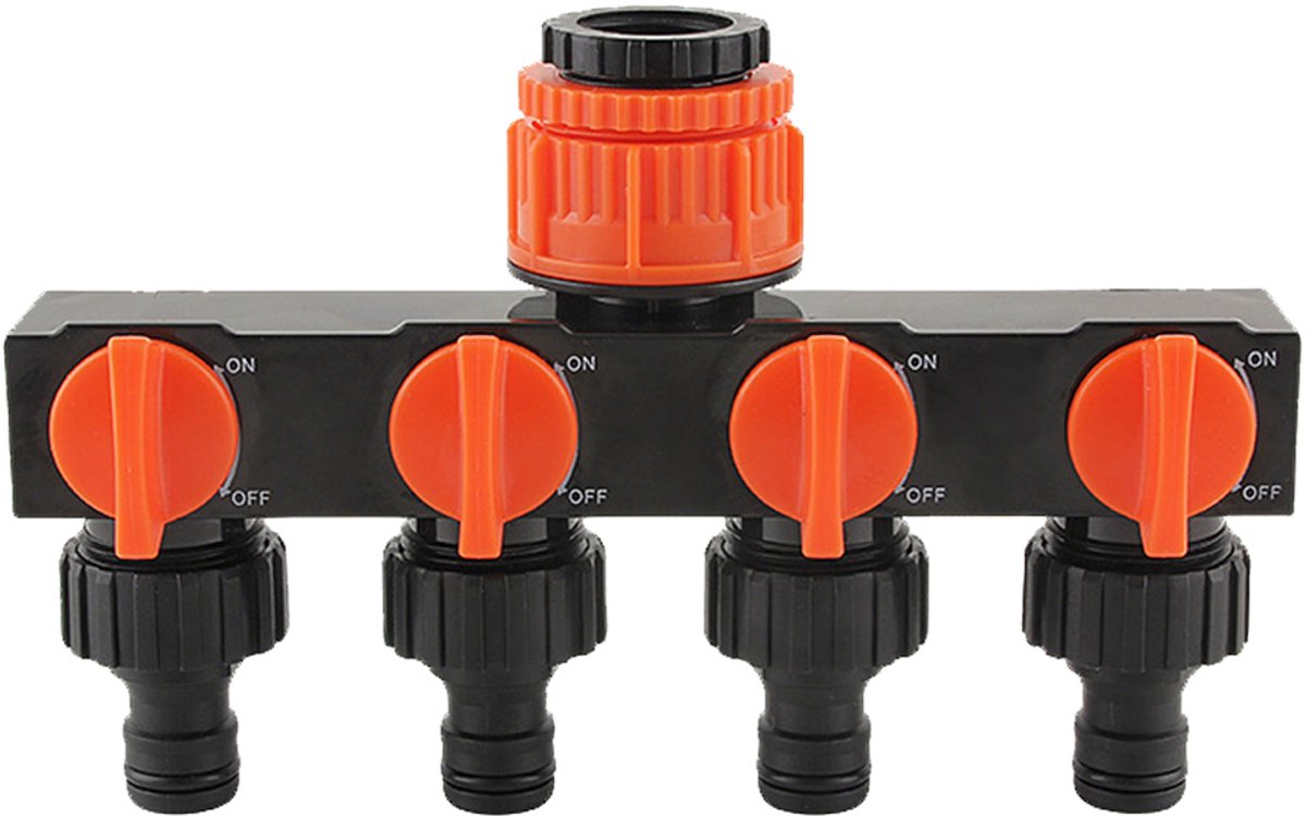 4-Weg Watersplitter (1" Naar 3/4" Naar 1/2") – met Onafhankelijke Kranen – Slangaansluiting met 1 Ingang en 4 Uitgangen – Ideaal voor Tuinberegening – Oranje