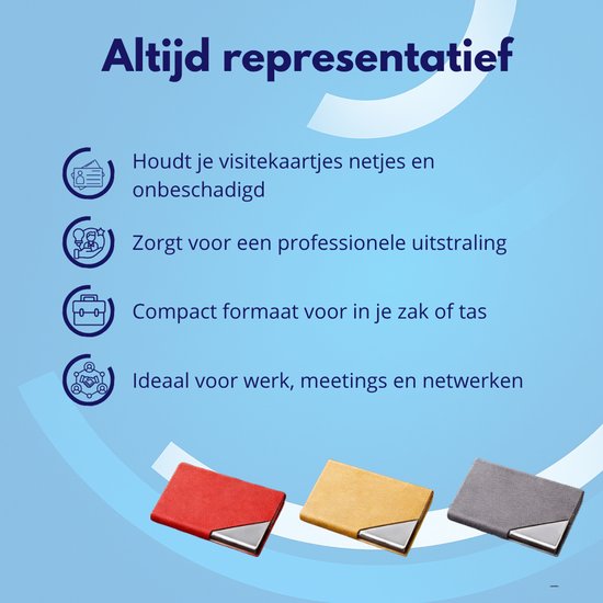 Drie visitekaarthouders in rood, geel en grijs met zilverkleurige randen.