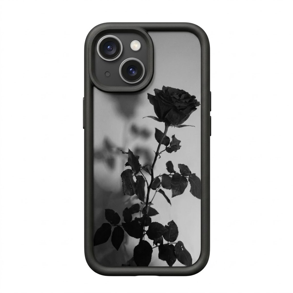 Zwart transparant telefoon hoesje met roos print geschikt voor iPhone 14 – backcover case met verhoogde cameraring en donker bloemmotief
