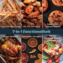 Collage met friet, kippenvleugels, koekjes, geroosterde kip, gedroogd fruit en pizza.
