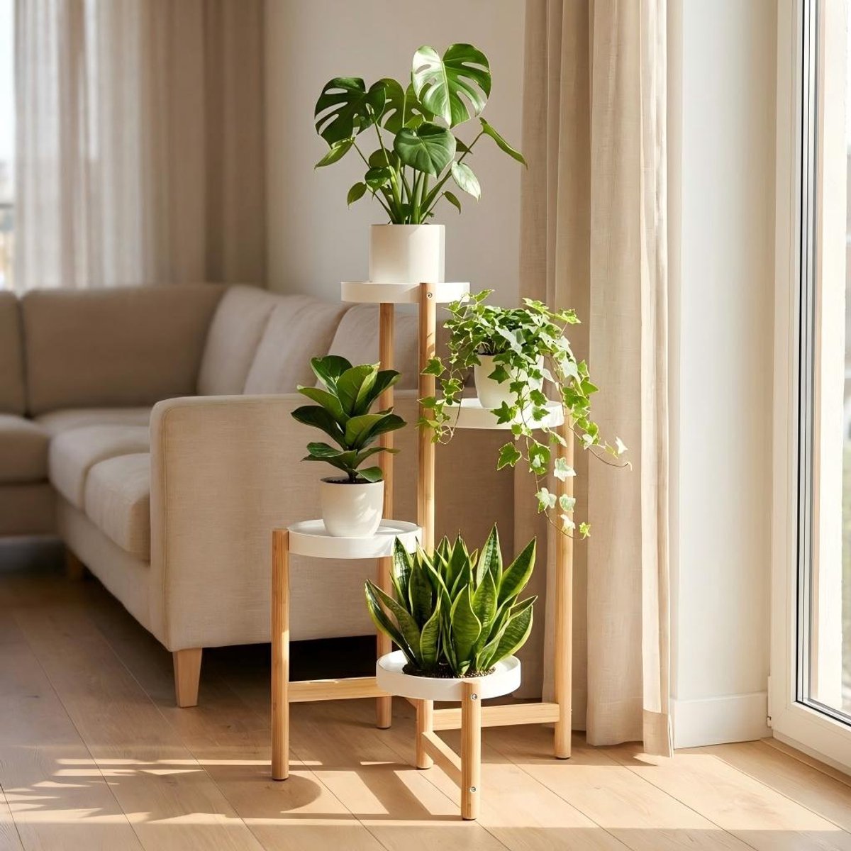 unho Bamboe Plantenpotstandaard - 4-laags hoge hoekplantenplank - Bloemenstandaards - Plantendisplayrek voor binnen- en buitentuindecoratie