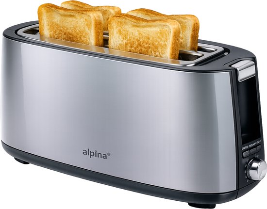 alpina Broodrooster 4 Sneden - Toaster 1400W met Kruimellade en Lange Sleuven - 7 Instelbare Bruiningsstanden - RVS Behuizing