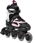Zwarte skeeler met roze en witte details, veters met roze lusjes, zachte boot.