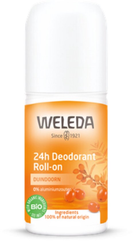 Weleda 24h Deodorant Roll-on Duindoorn met afbeelding van duindoornbessen.