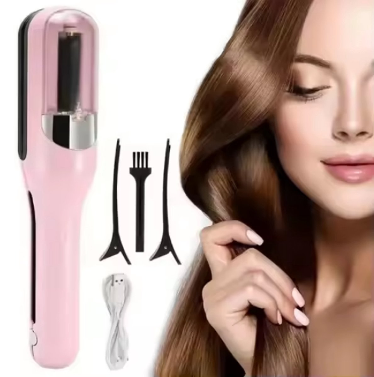 Draadloze automatische tondeuse voor gespleten haarpunten, oplaadbare tondeuse voor vrouwen, 2-in-1 snelkniptool, verwijdert beschadigd haar, herstelt het haar, wordt geleverd met opzetstukken en reinigingsborstel - roze.