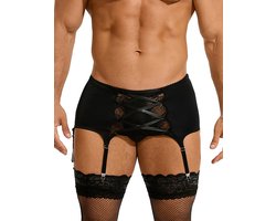 Zeloria Heren Jarretel Boxer Kant – Erotische Lingerie met Bandjes – Zwart – L – Exclusief Kousen