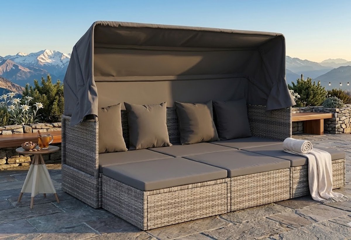 Luxe Solar Loungeset Tuinligbed met Dak 200 x 60 x 124 cm – Poly Rattan & Stalen Frame – Inclusief Tafel en Dikke Kussens