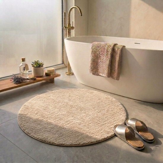FLOORDIREKT Sky Badmat - Ronde Baddeken - Dichte, Pluizige Feel-Good Factor voor je huis - Antislip & Wasbare - Getest op Schadelijke Stoffen - Diameter : 120 cm - Beige