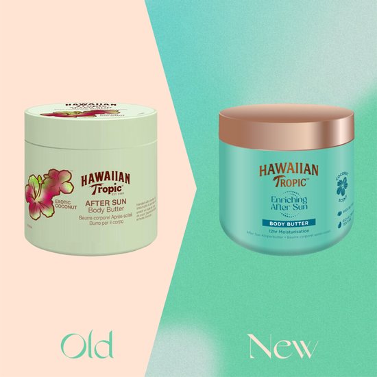 Oude en nieuwe verpakking van Hawaiian Tropic body butter, links de lichtgroene pot, rechts de turquoise pot.