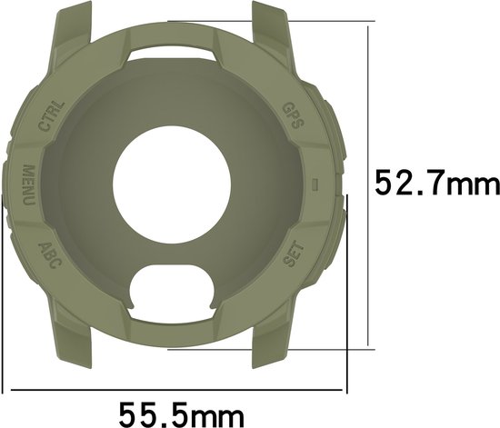 Groen TPU beschermhoesje voor Garmin Instinct 3 (50mm), met afmetingen 55.5mm x 52.7mm en 'CTRL', 'MENU', 'ABC', 'GPS', 'SET' markeringen.