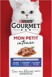 Verpakking Purina Gourmet Mon Petit Intense kattenvoer met witte kat, met tonijn, zalm of forel.