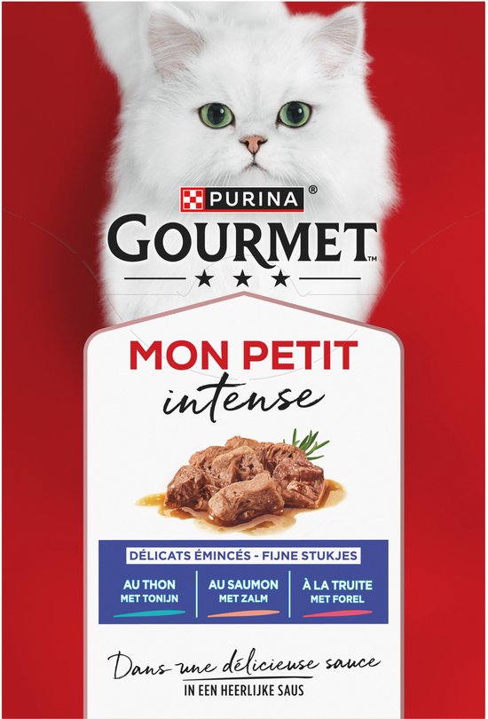 Verpakking Purina Gourmet Mon Petit Intense kattenvoer met witte kat, met tonijn, zalm of forel.
