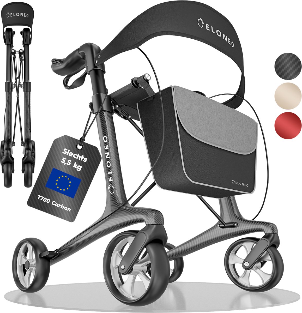 ELONEO Carbon Rollator – inklapbaar en licht met zitje, ultralicht 5,5 kg, wandelhulp voor senioren, 9-voudig in hoogte verstelbaar, met tas, antraciet - maat L