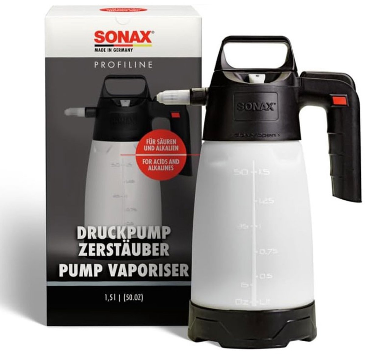 Sonax Pompverstuiver - Zuurbestendig - Robuuste sproeier - Voor zure en alkalische reinigings- en onderhoudsproducten - Inhoud 1,5 Liter