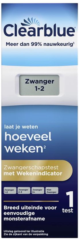 Clearblue zwangerschapstest met wekenindicator, toont "Zwanger 1-2". Brede uiteinde voor monstername.