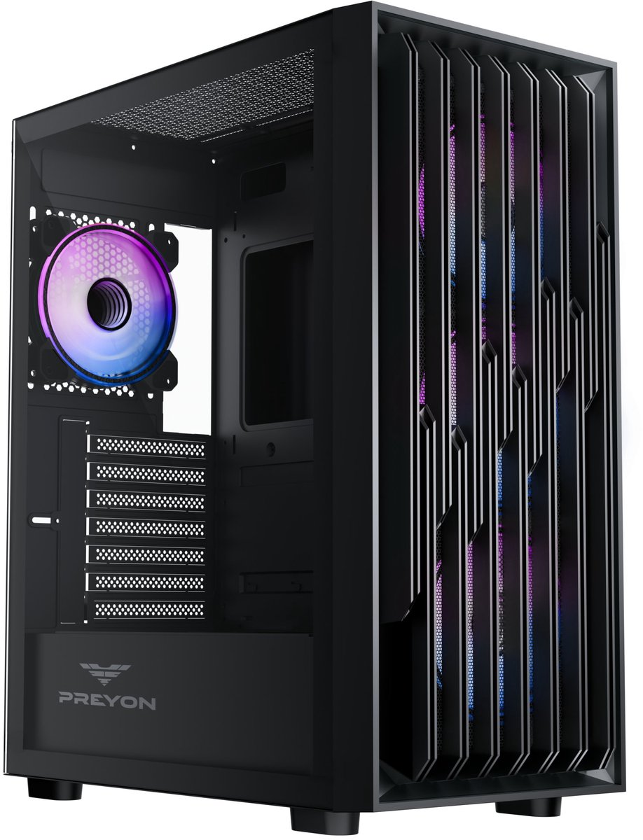 PREYON Nest Quarry ARGB - Gaming Behuizing Silent - USB-C - 4 PWM Fans - Gehard Glas - E-ATX Case - Zwart