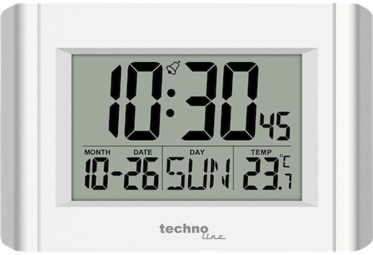 Technoline WS8002 – Digitale wandklok – Alarm – Snooze – Datumaanduiding – Dagaanduiding – Kalender – 12/24 – Thermometer – Wit - Zilver – 215 × 150 × 28 mm